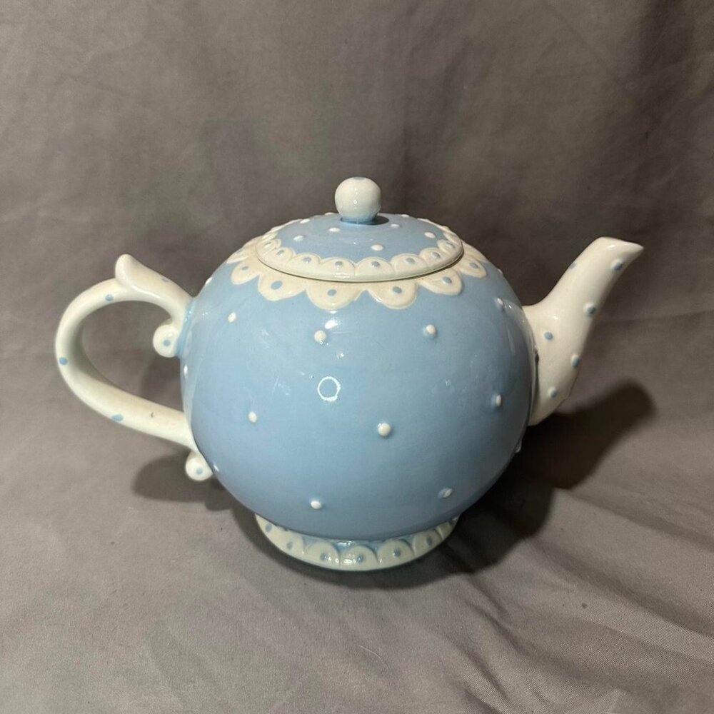 Blue and white polka dot teapot